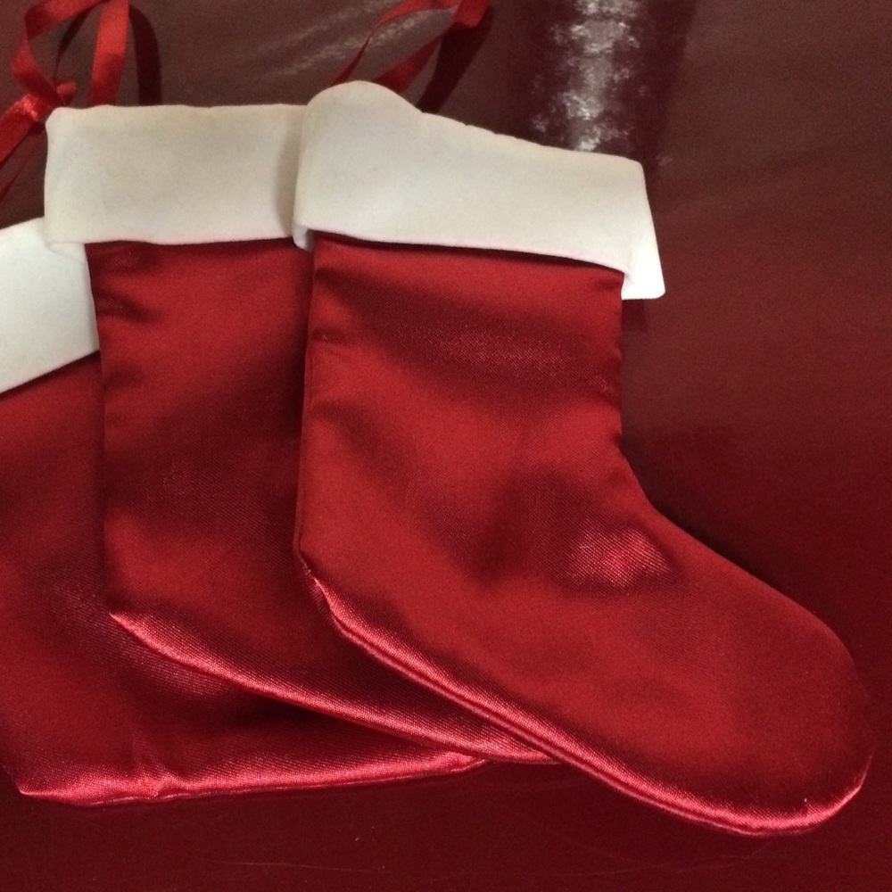 New 3 Mini Christmas Stockings Red White Velvety Satiny Holiday Decor